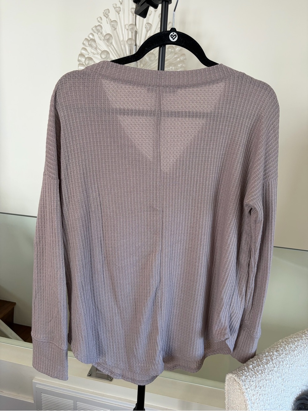 Waffle Knit V-Neck Button-Accent Long Sleeve Top - Taupe - Picture 2 of 2